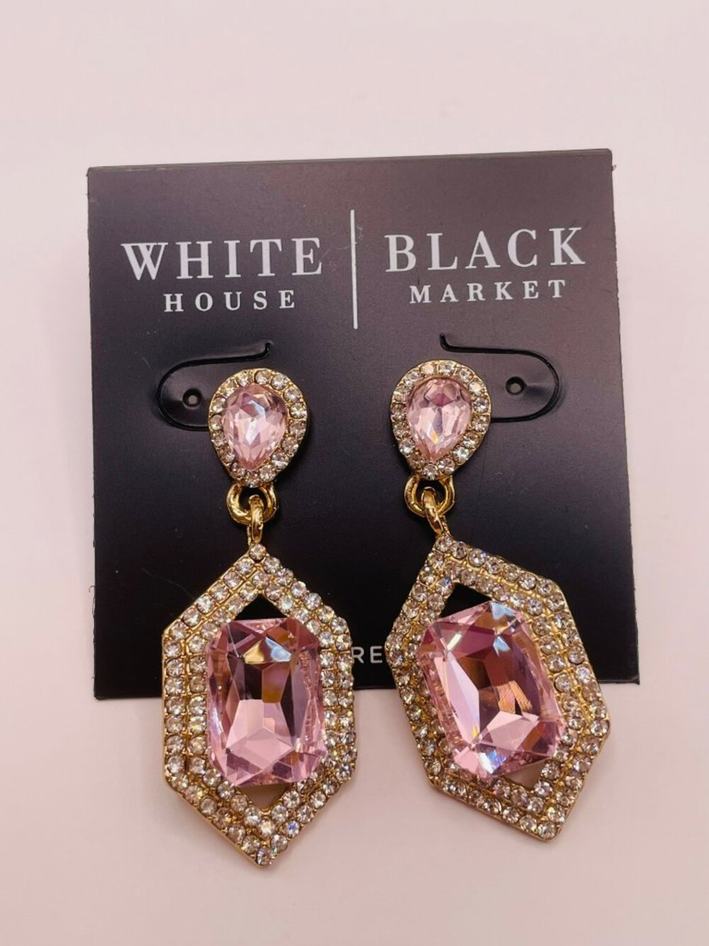 New White House Black Market Pink Crystal Drop Earrings Gold-Tone Accents -46B